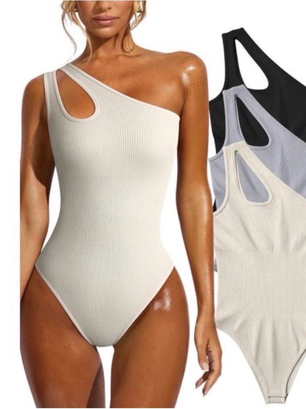 Women’s One-Shoulder Ribbed Bodysuit - Cream